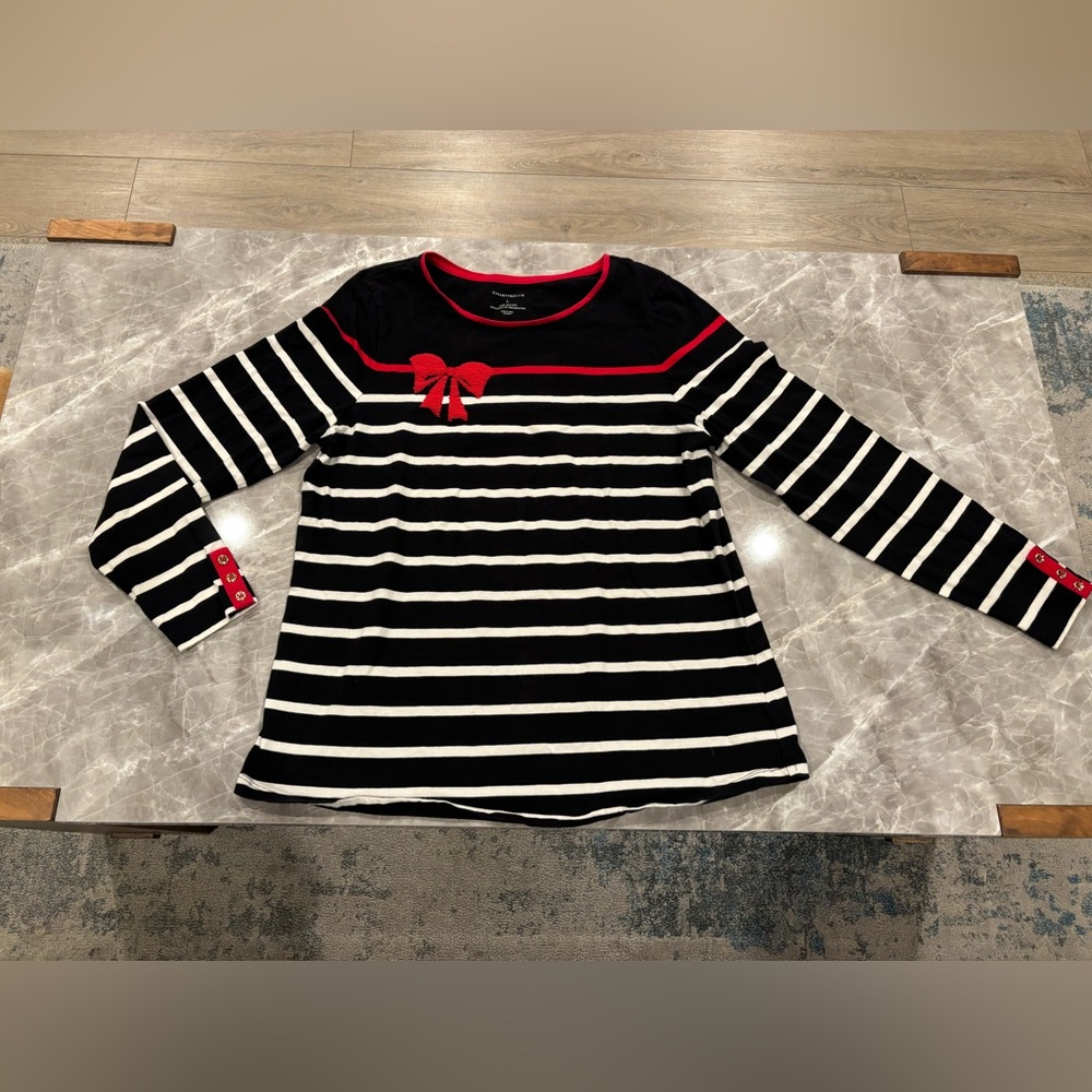 Charter Club Black and White Striped Long Sleeve Tee with Red Accents